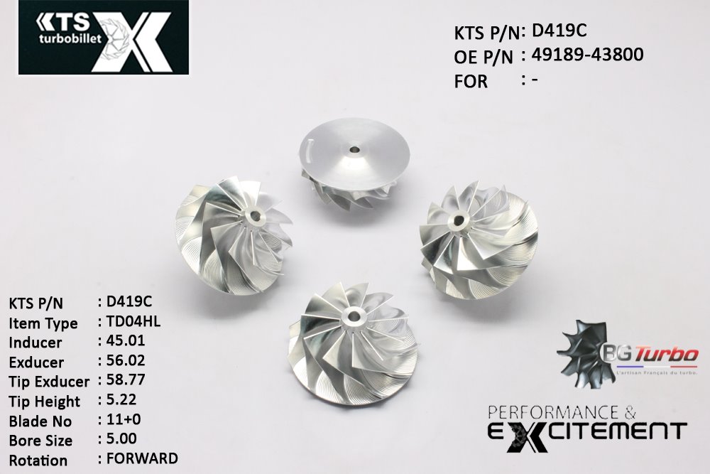 Turbo ROUE FORGÉE MFS PERFORMANCE - 11+0 PALES - INDUCER : 45,01 - EXDUCER : 56,02 - TYPE : TD04HLANGLE : 45° - ROTATION : Forward - SUPER BACK : 1,83 - BORE SIZE : 5
